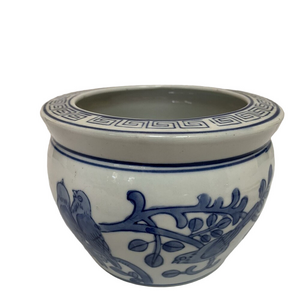 Vtg Small Cobalt  Blue and White Porcelain Planter Birds & Floral Chinoiserie 4”